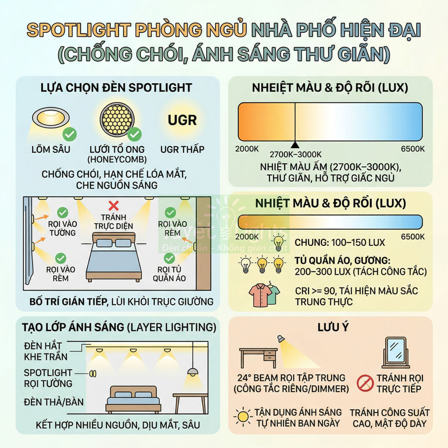 Hướng dẫn chọn đèn spotlight chống chói cho phòng ngủ nhà phố hiện đại với bố trí ánh sáng thư giãn